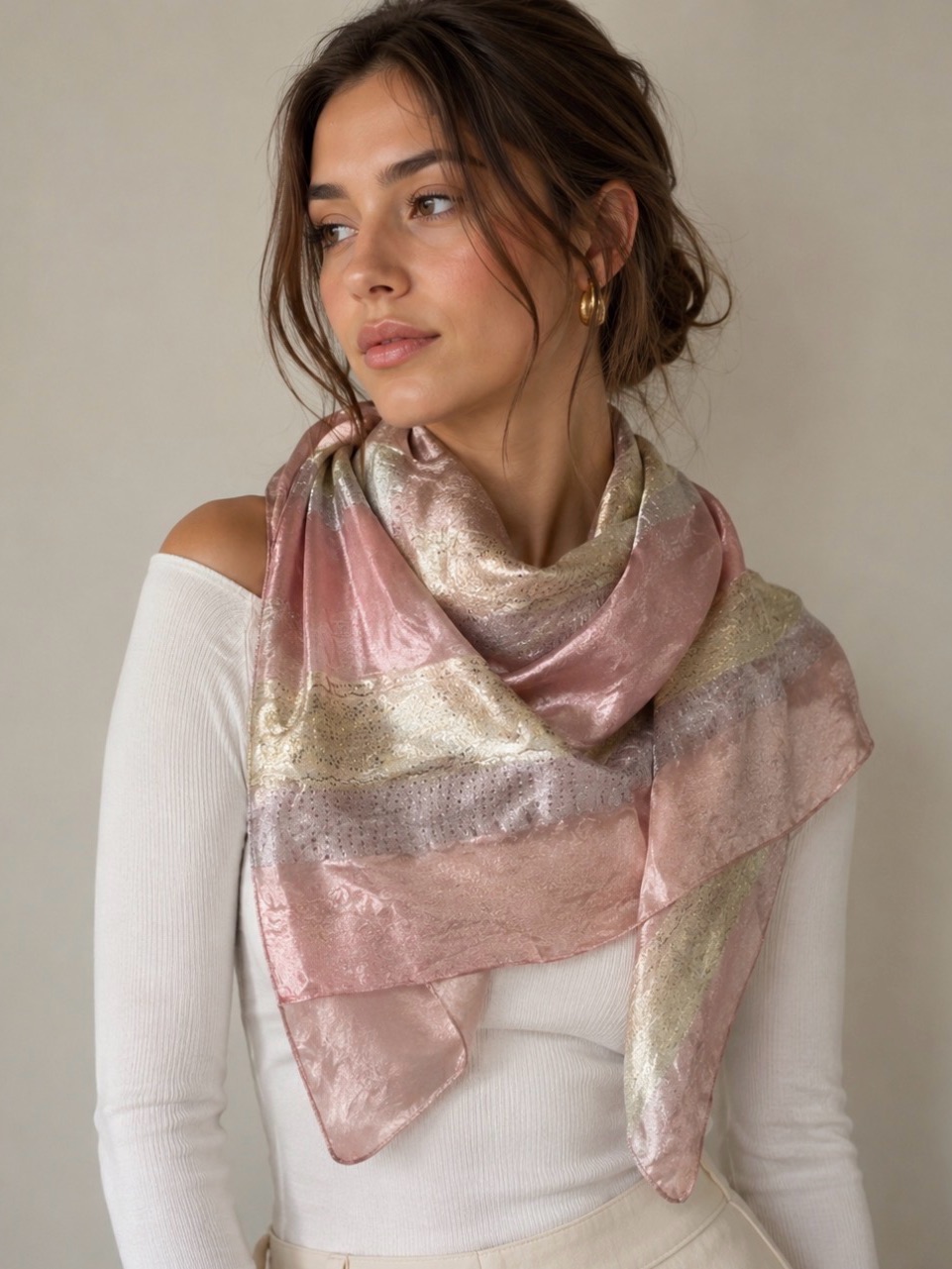 Lightweight PinkPurpleGrey Plaid Silk Scarf